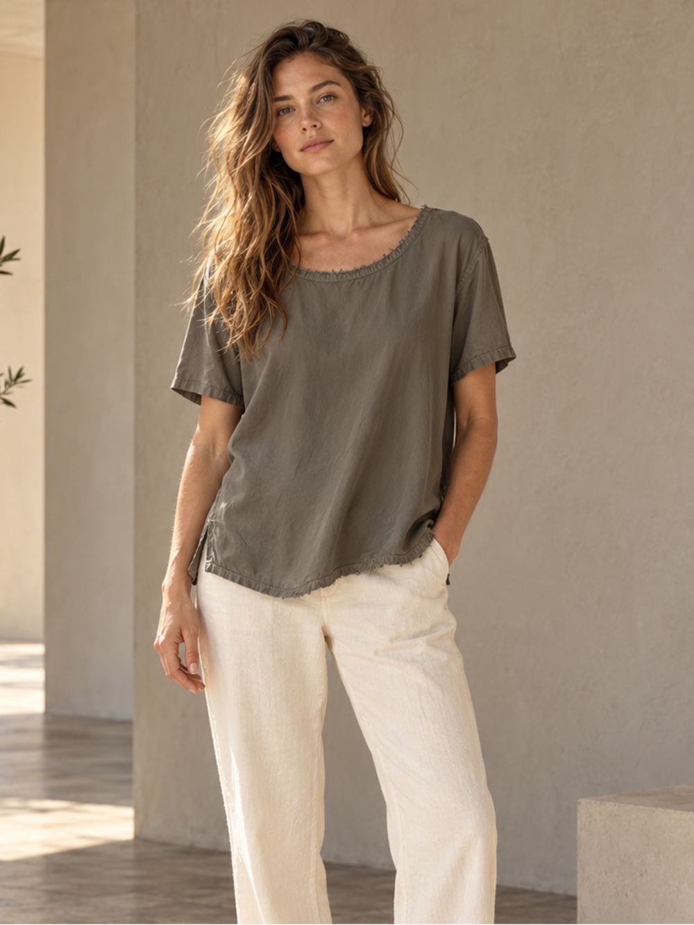 JAMES PERSE Cupro Raw Edge Short Sleeve Top Taupe Size 2 Medium